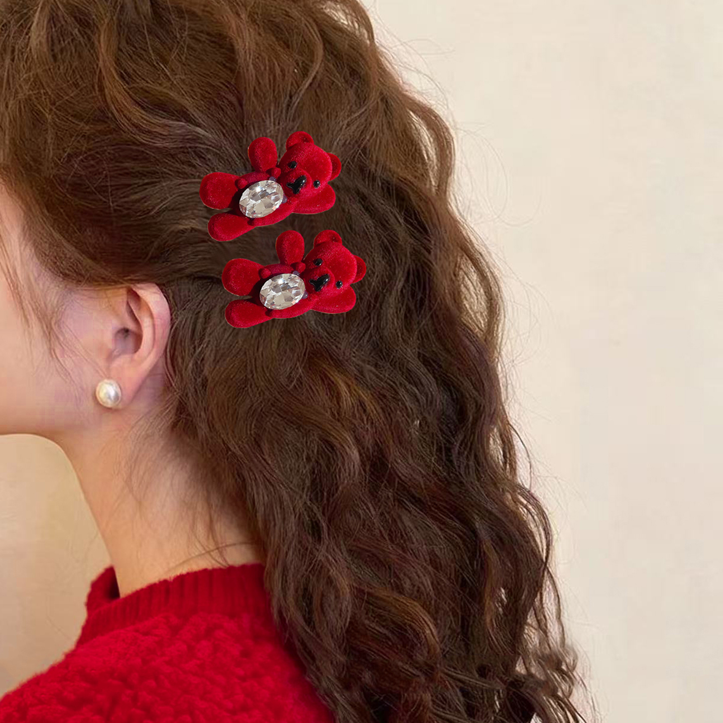 韩版气质红色丝绒发夹