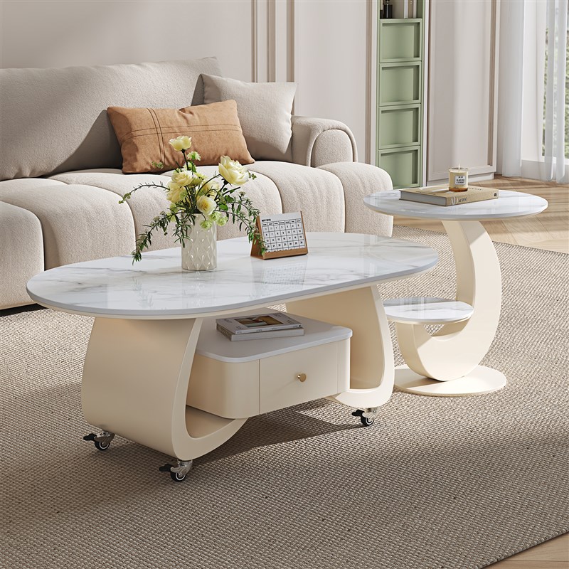 现代简约法式奶油k可移动岩板茶几客厅家用小户型沙发椭圆边几组