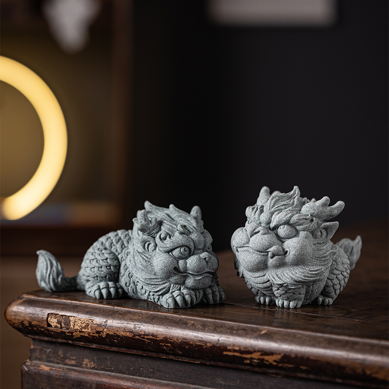 创意招财麒麟一对小摆件国潮青砂石工艺品K办公室客厅桌面装饰礼