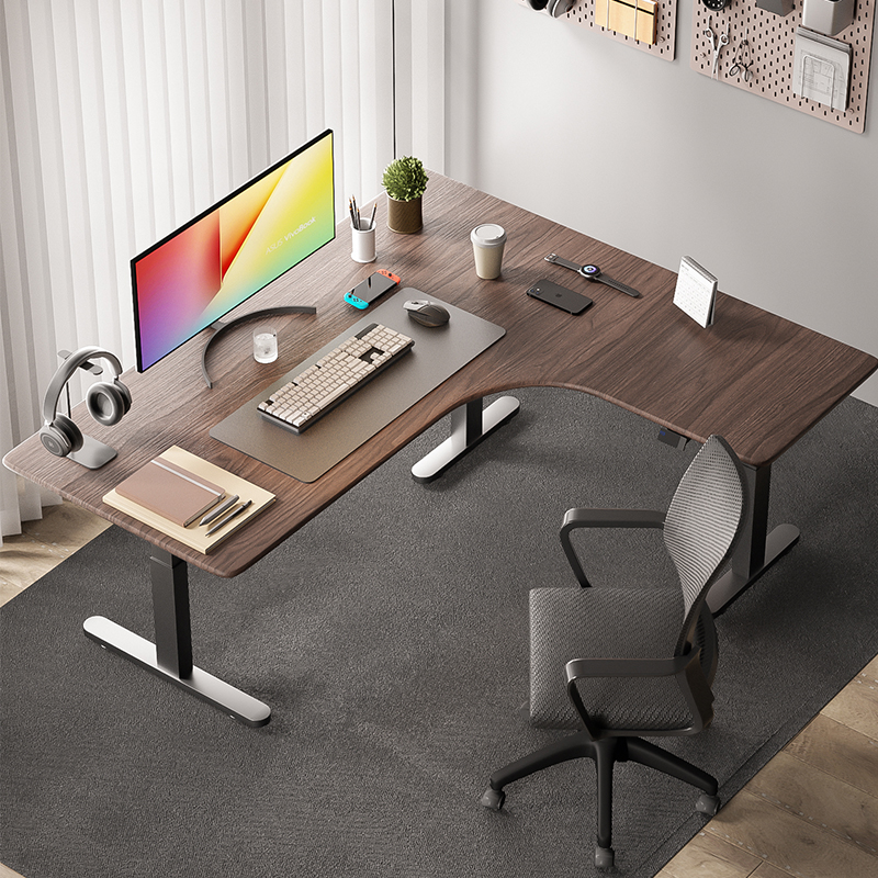 ZOMO转角升降书桌L形三电机电动写字桌大拐角北美黑Z胡桃木实木