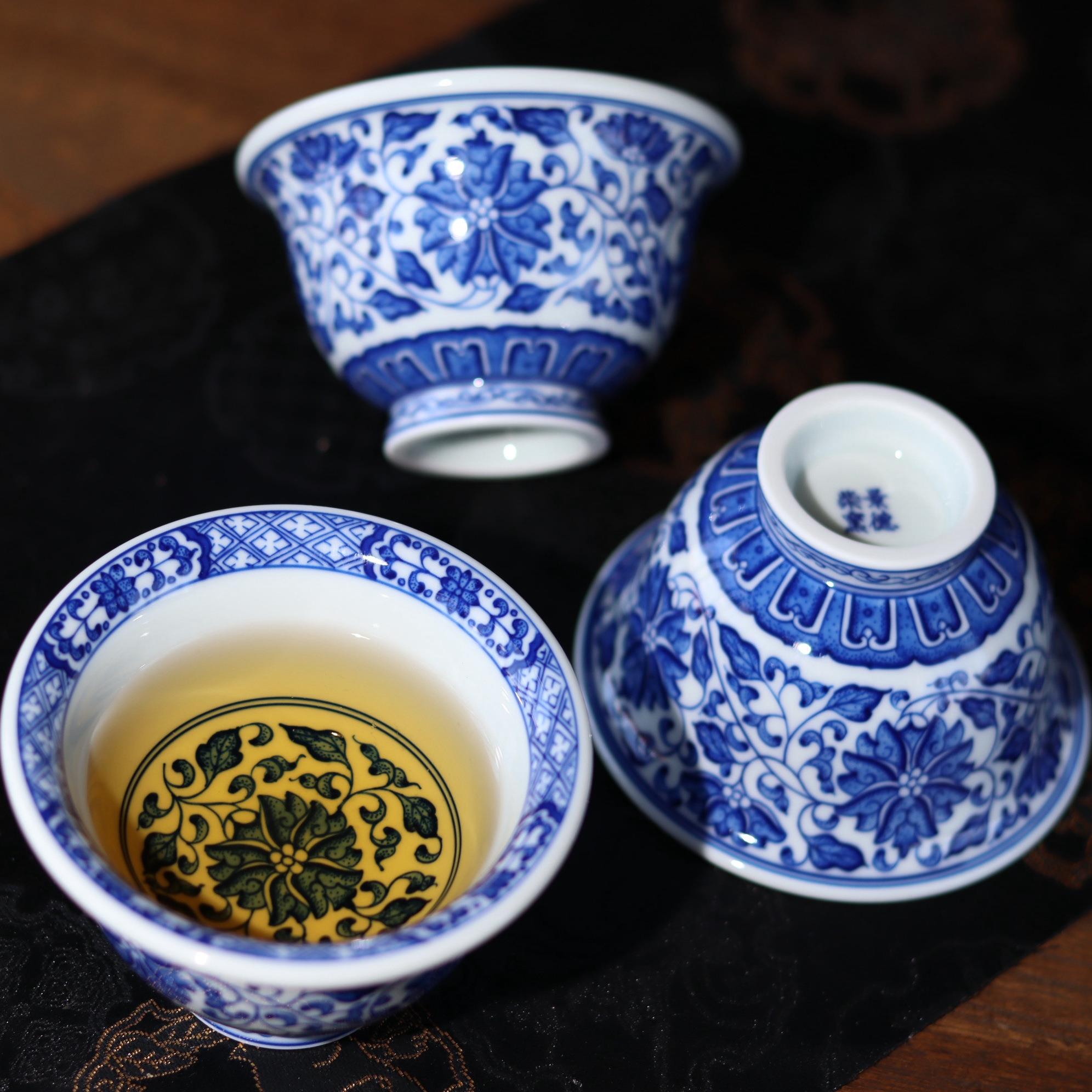 手绘青花点工缠枝莲压手杯景德镇手工陶瓷茶杯主人杯柴窑高档礼品