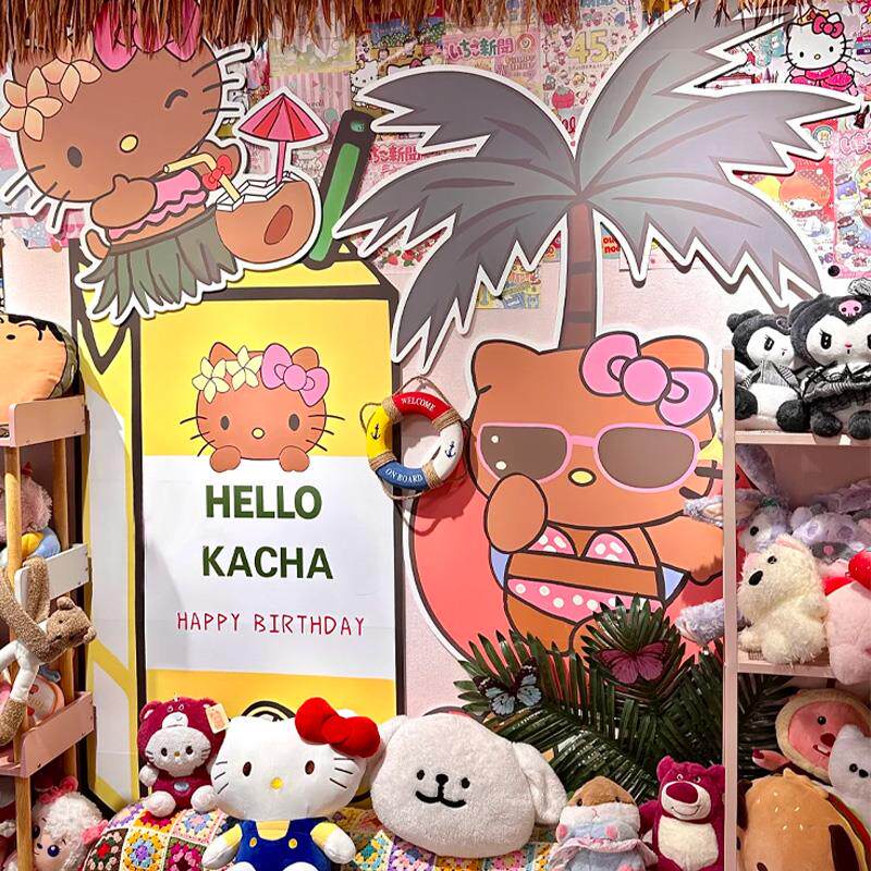 HelloKitty主题女孩周岁生日布置装饰黑皮豹纹凯蒂猫气球kt背景墙