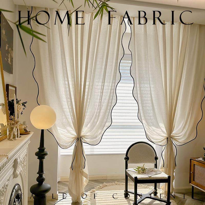 法式中古风波浪黑边透光不透人亚麻纱帘客厅阳台书房高级感窗帘,居家布艺,定制窗帘,淘宝优惠券,粉丝福利购,淘宝优惠卷