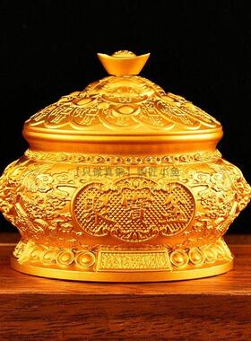 20cm家用黄铜聚宝盆带盖子3D立体龙头开盖元宝聚宝盆金色纯铜摆件