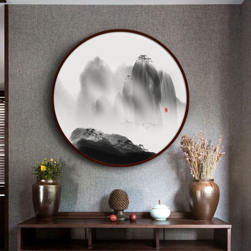 山水画客厅背景墙新中式挂画圆形水墨画靠山壁画办公室玄关装饰画