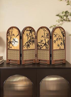 小屏风摆件中古风竹子新款桌面摆台画 画折叠折屏高级感电视柜装