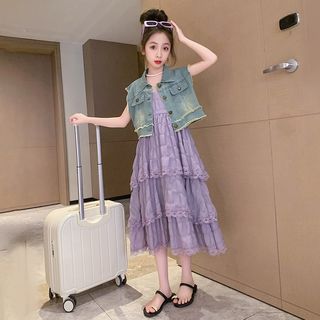 韩系做旧牛仔马甲吊带花边蛋糕裙套装女童2024夏款洋气度假沙滩裙