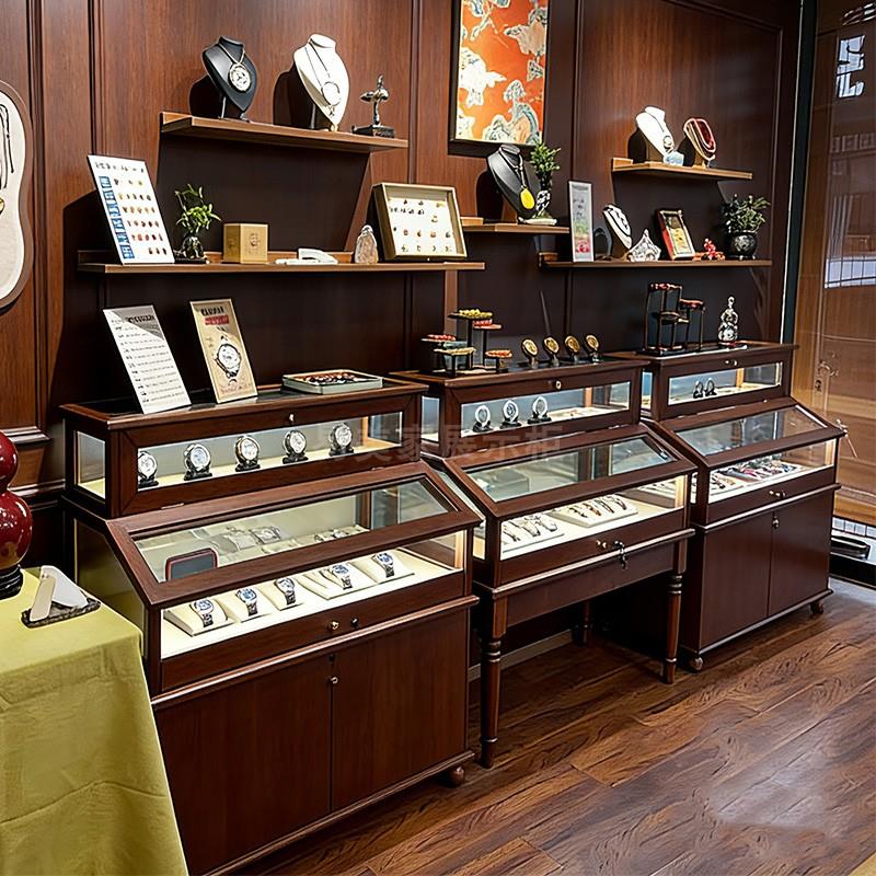 精品店实木珠宝展示柜复古饰品首饰玻璃柜台玉石玉器陈列柜项链柜