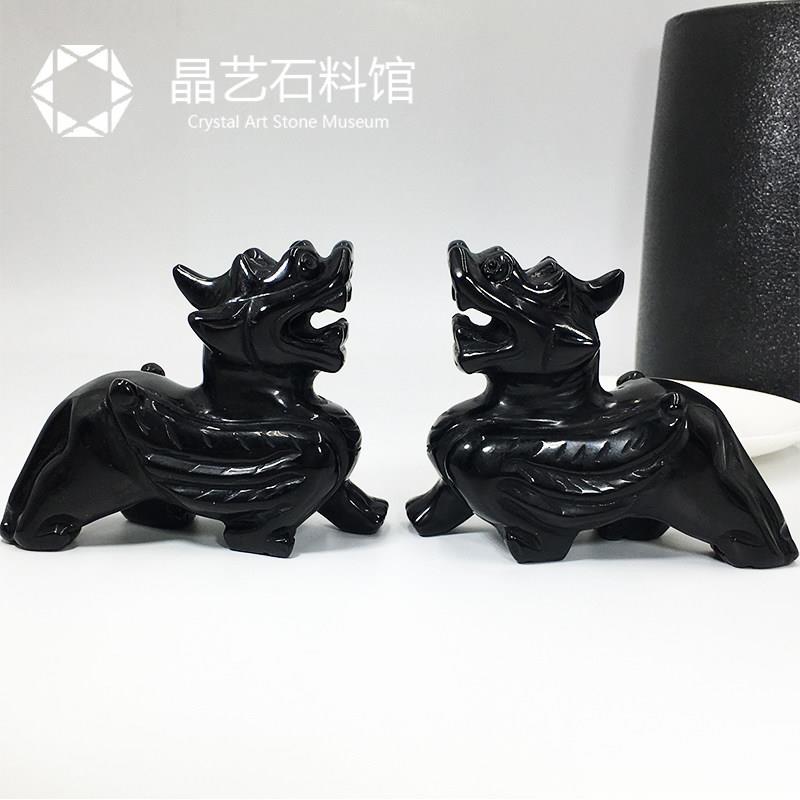 天然黑曜石原石雕刻貔貅摆件四神兽麒麟大号家居办公室桌面摆件