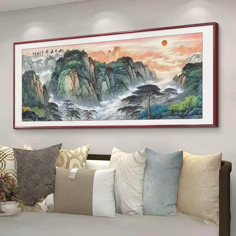 旭日东升山水画风景新中式挂画实木框客厅装饰画背景墙玄关装饰品