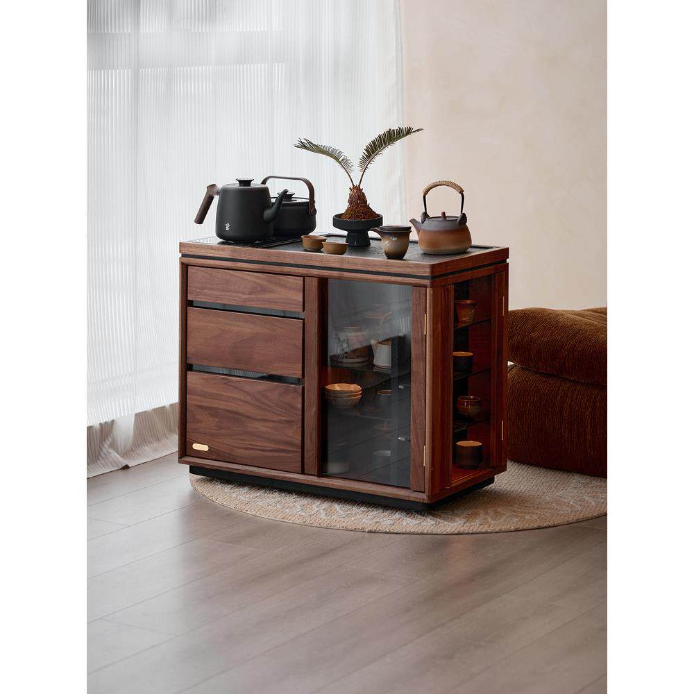 格物山川实木茶水柜新中式茶台办公室黑胡桃木下水茶桌侧边柜茶台