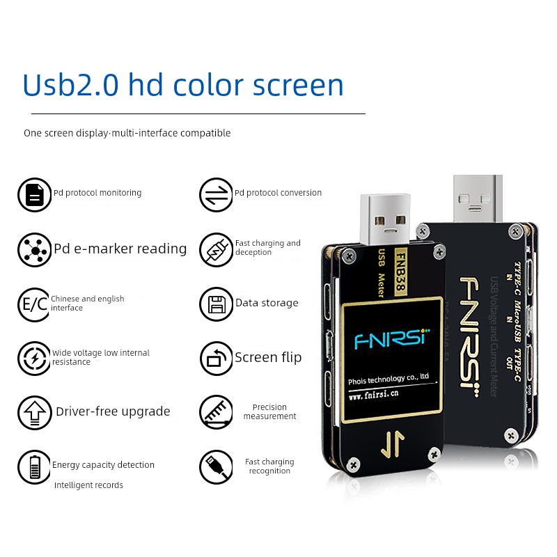 Fnb38USB测试仪数字显示电压和电流表检测器多功能快速充电Qc/Pd