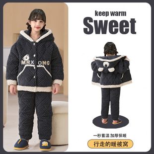 套装 女孩连帽加厚加厚夹绒 法兰家居服棉三层款 儿童女童睡衣秋冬款