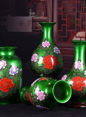 陶瓷花瓶摆件绿色水晶釉国色天香牡丹观赏瓶陶瓷工艺品装饰品