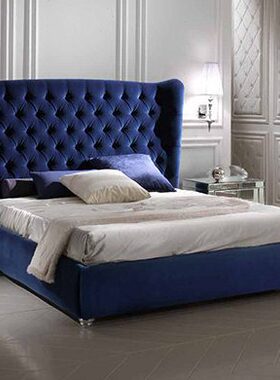 卧室欧式双人床蓝色1.8m床主拉 床扣后现代  布艺床人床 定做高背