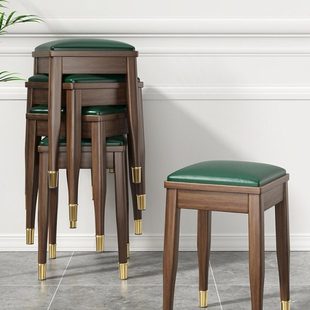 网红方凳软包化妆凳家用客厅餐椅餐凳木可叠放实木凳子加厚高板凳