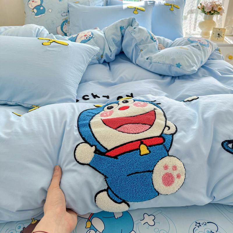 ins蓝色哆啦A梦毛巾绣水洗棉床上四件套被罩学生宿舍床单三件套4