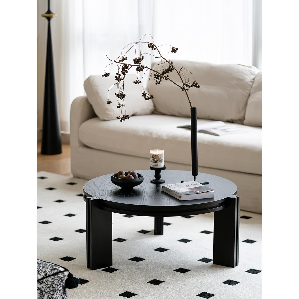 homechoice法式复古实木茶几客厅小户型茶桌圆形中古风黑色小桌子