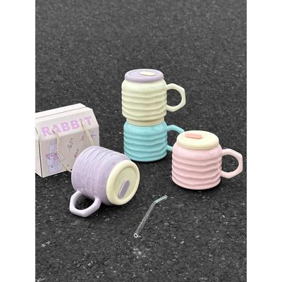 ins芋泥啵啵吸管杯女生大容量陶瓷马克杯带盖办公室简约咖啡杯子