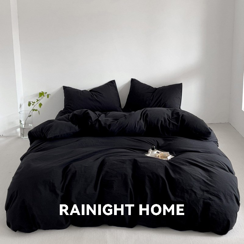 曜石黑~高级感四件套纯色水洗棉麻床品被套床单床笠款.宿舍三件套