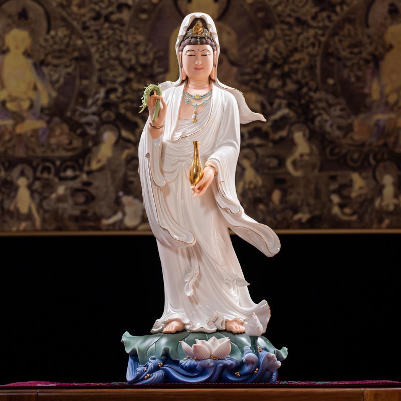 德化陶瓷南海观音菩萨站观音白瓷彩绘观世音菩萨佛像雕塑供奉摆件