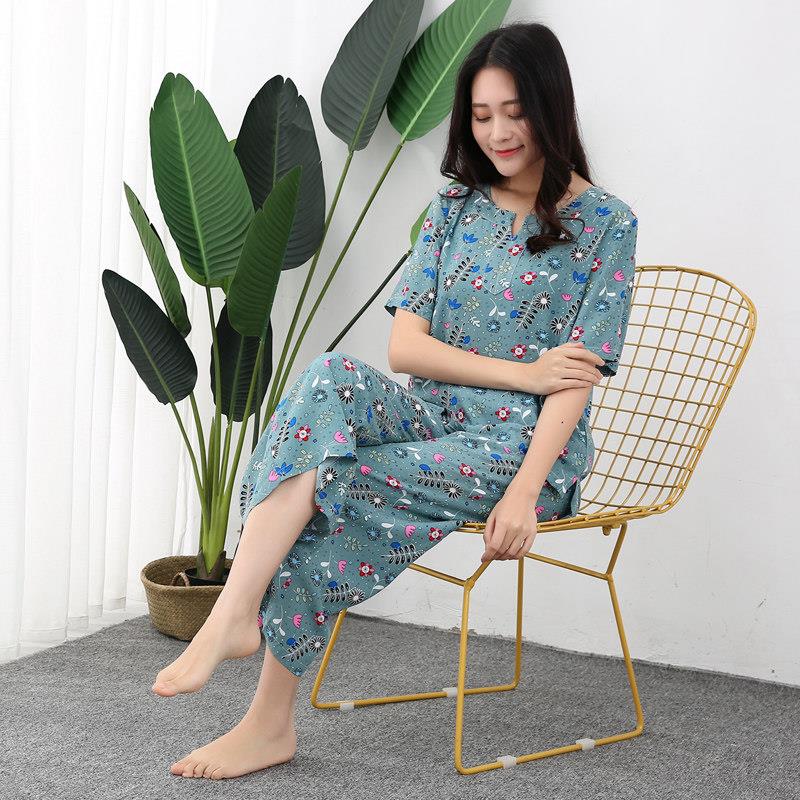 梅高尔人造棉绸睡衣套装女夏绵绸家居服短袖阔腿裤可外穿妈妈装