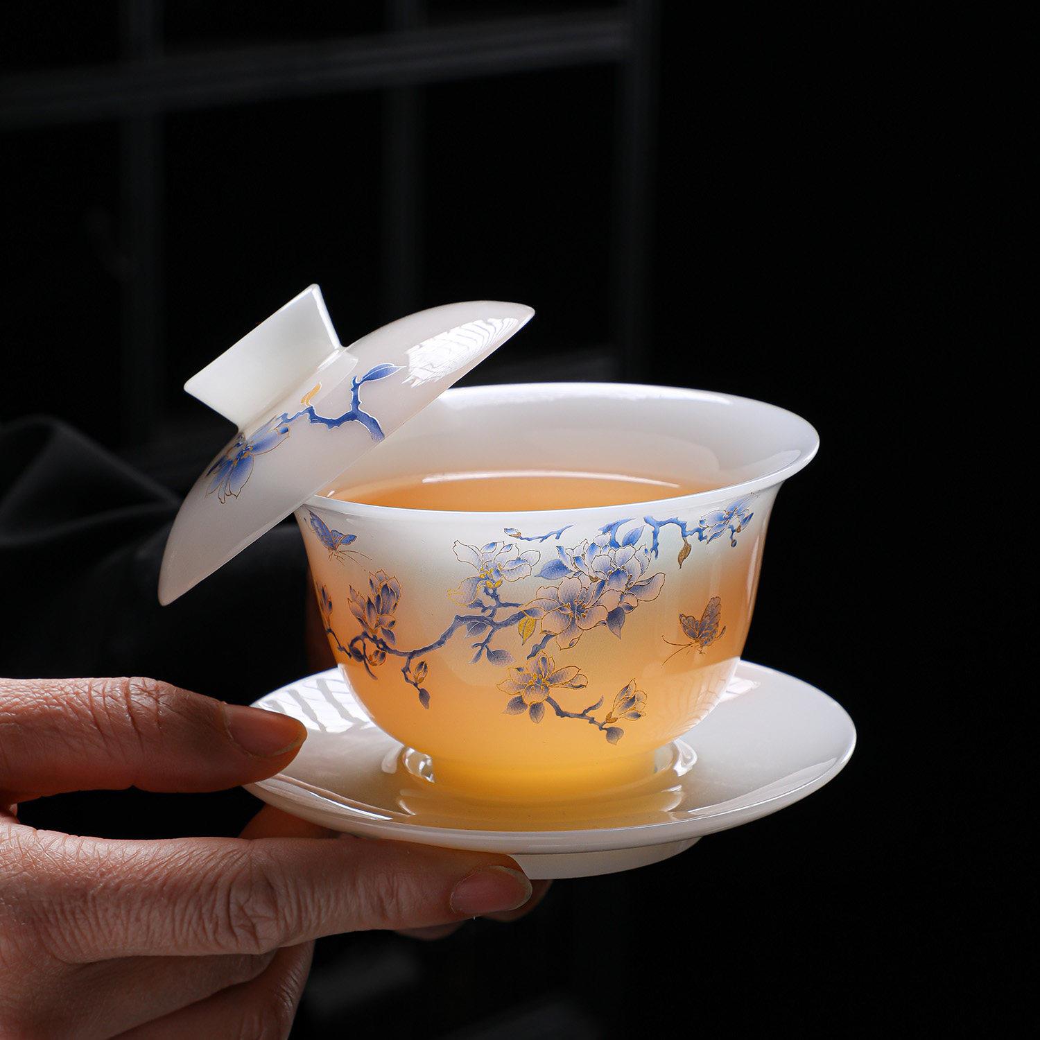 高档薄胎璞玉冰种玉瓷盖碗不烫手陶瓷三才碗悬停大号功夫茶具中式