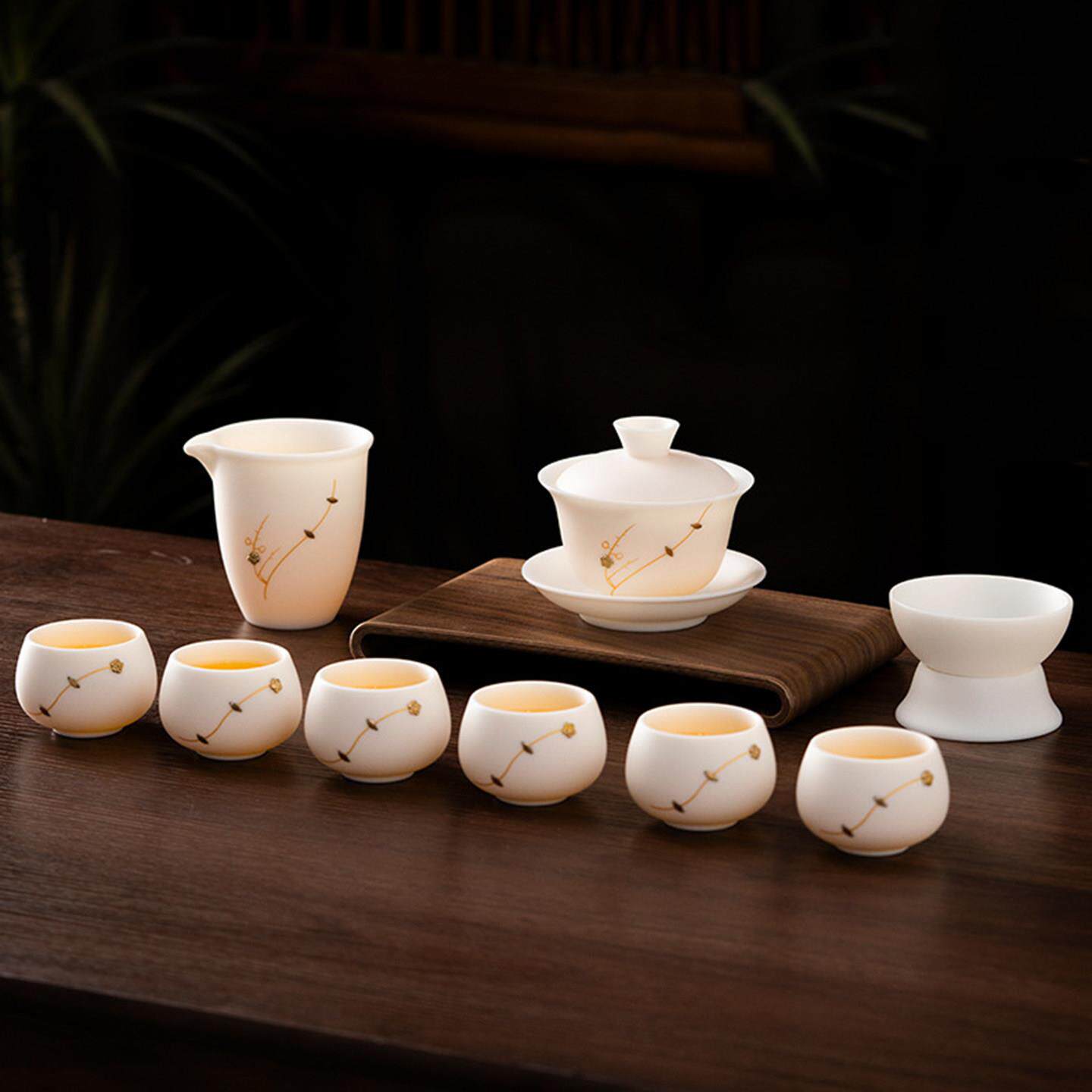 羊脂玉瓷锔钉功夫茶具套装家用2025新款盖碗茶壶茶具套装送礼礼盒