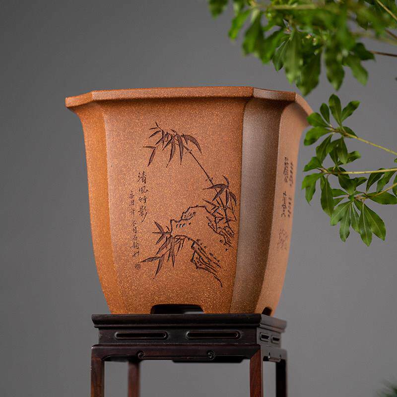 宜兴高档精品紫砂花盆兰花盆景专用盆名家许成安五彩段泥手工制作