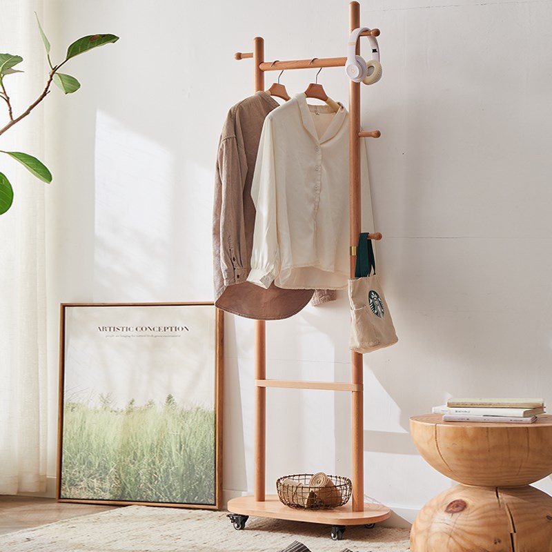 实木落地衣帽架家用小户型挂衣架门口玄关卧室可移动衣架简约带轮