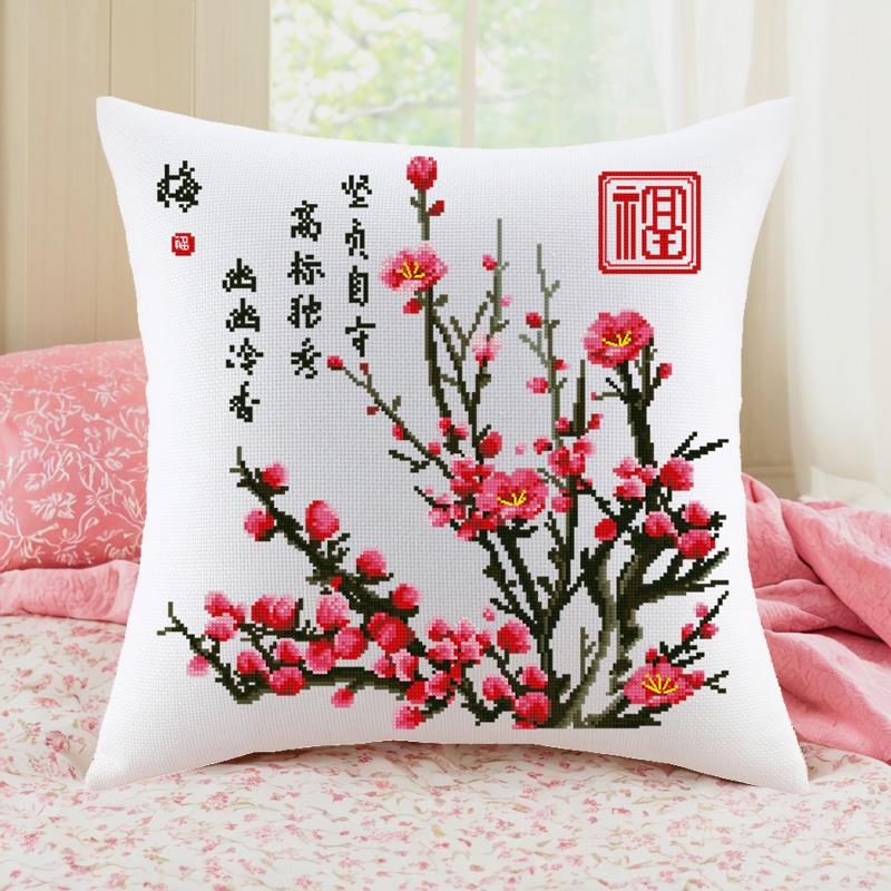 高级感十字绣抱枕十字绣花卉梅兰竹菊梅花客厅沙发汽车靠垫自己绣