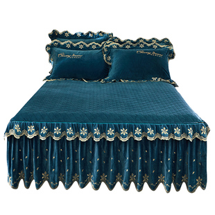 轻奢加厚宝宝绒床裙单件欧式 新款 刺绣保暖防滑床罩席梦思防滑床套