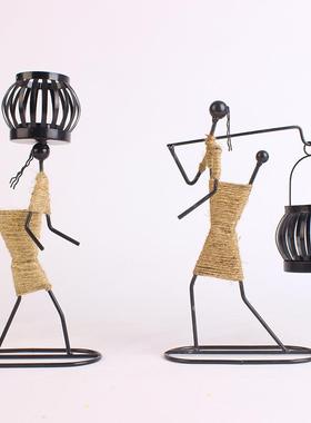 创意铁艺麻绳女孩灯笼烛台家用装饰艺术摆件客厅铁艺工艺品灯笼