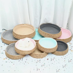 藤编宠物窝草柳编织圆形狗狗窝 草编耐抓磨猫咪小狗窝宠物垫子