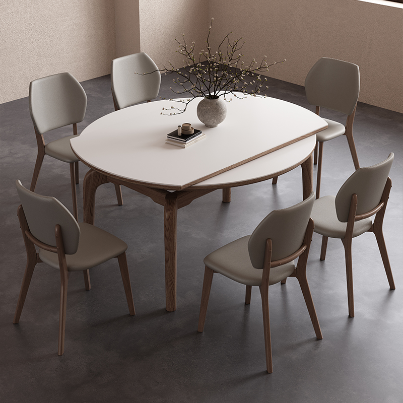 可伸缩岩板餐桌椅方变圆两用胡桃木色简约现代家用小户型饭桌子