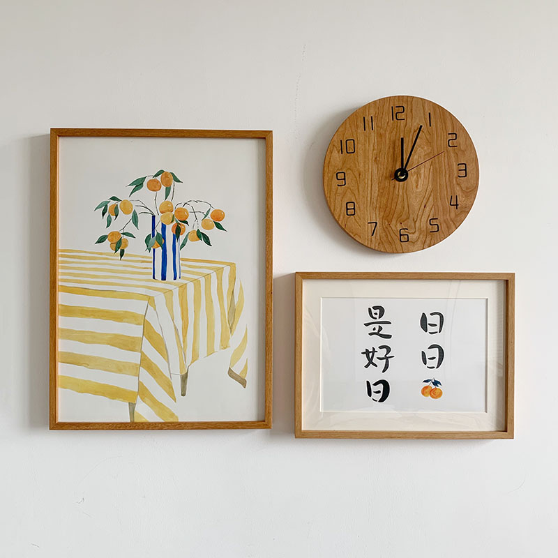 原木风橙子花照片墙日日是好日组合画实木挂钟饭厅有框画客厅壁画