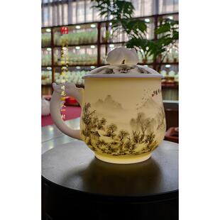 张国进手造山水画羊脂玉白瓷带盖大号水杯手绘办公杯陶瓷泡茶杯