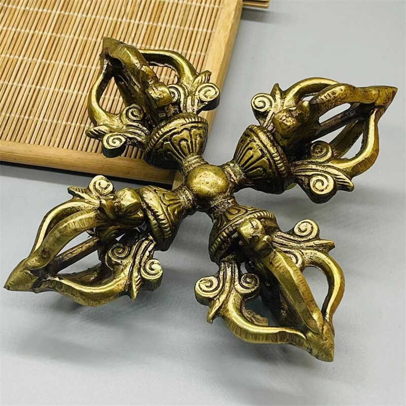 密宗法器尼泊尔手工黄铜s五股十字金刚杵降魔杵金刚镢复古做旧摆