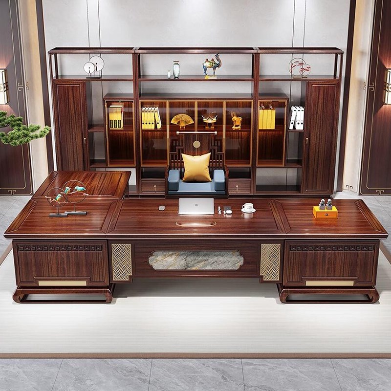 新中式乌金木实木高档办公桌老板桌大班J台董事长办公室家具组合