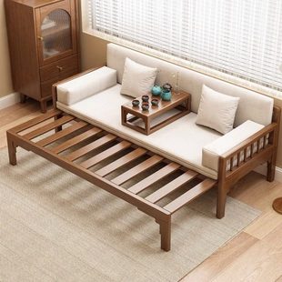 新中式罗汉床推拉床茶桌椅组合小户型伸缩床榻明式原木沙发床两用