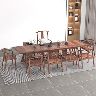 全实木北新中式茶台泡泡茶桌湿桌椅组合黑胡桃木美轻奢茶几禅意