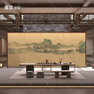 现代简约古典山水屏风折叠移动办公室实木隔断屏风客厅玄关 新中式
