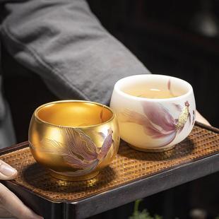 周鸿杰大师手工鎏24K纯金建盏主人茶杯冰种羊脂玉瓷大号杯子家用