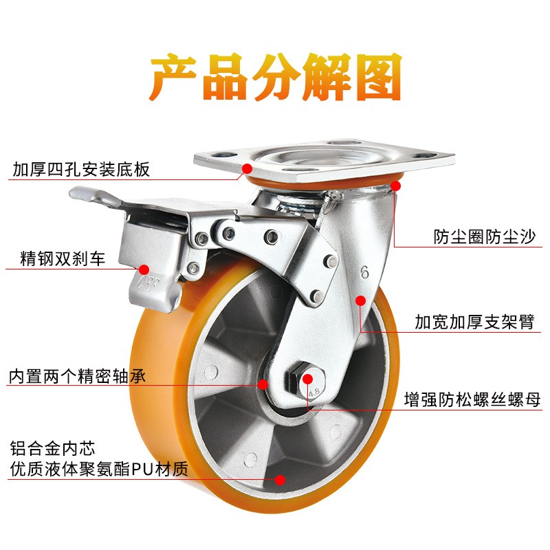 4寸5寸6寸8寸铝芯聚氨酯脚轮pu轮子静音抗压工业推车万向轮包胶轮
