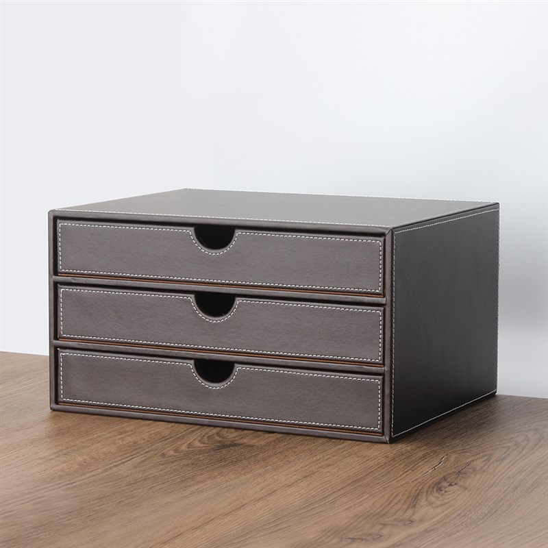 欧式商务皮革桌面整理收纳盒 文具储物抽屉式资料柜 办公用品