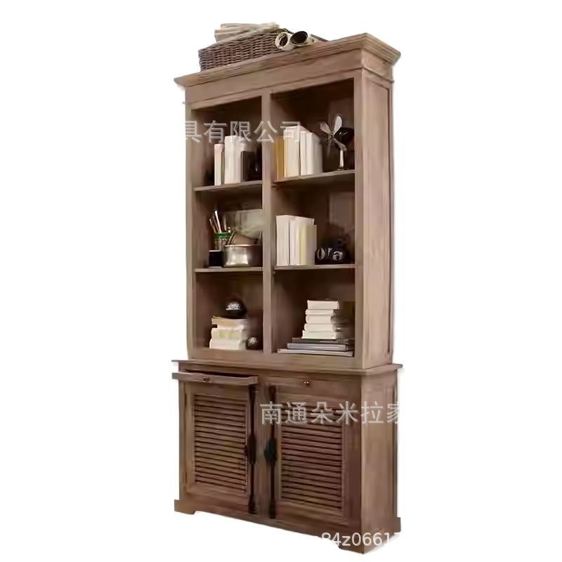 美式乡村实木书柜落地书橱百叶门天地锁复古储物柜靠墙展示柜