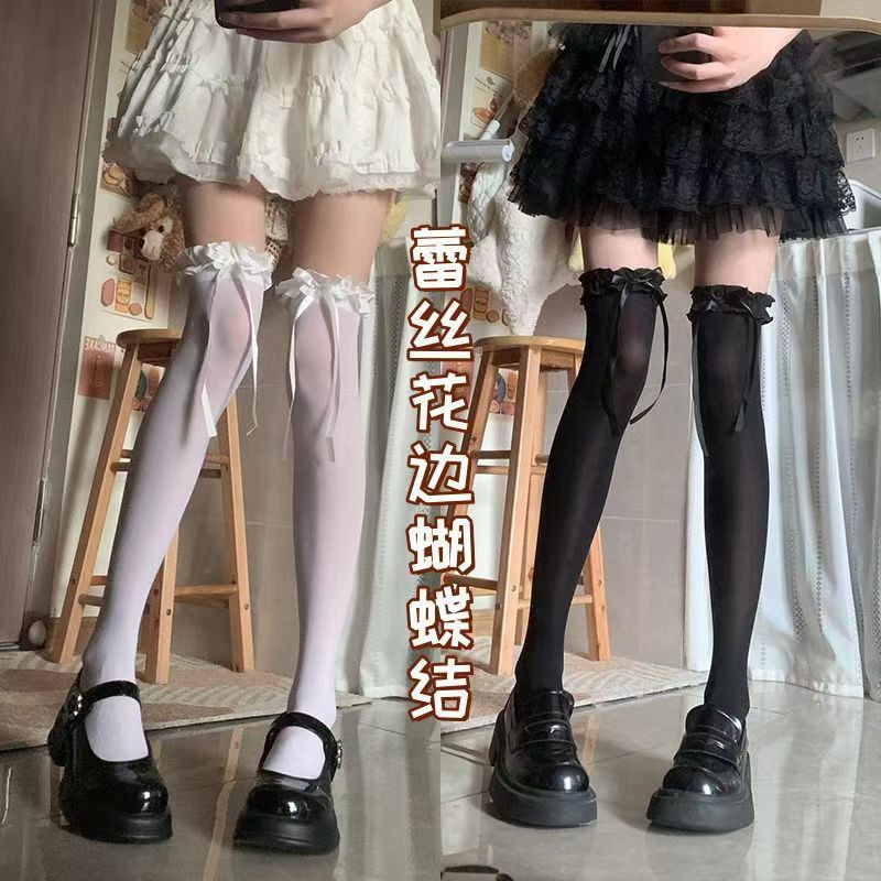 洛丽塔蕾丝花边黑色lolita夏天薄款黑丝袜过膝蝴蝶结瘦腿压力丝袜