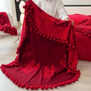 红色玫瑰花束毯圆形编织毛毯结婚婚房布置礼物卧室保暖针织毯盖毯