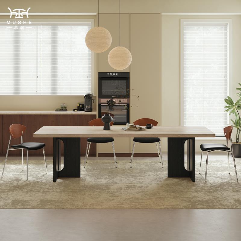 暮奢北欧实木洞石岩板餐桌椅组合家用长方形下挂吃饭桌子中古风