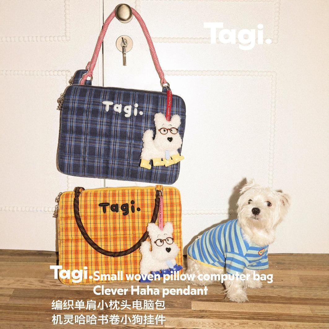 tagi.编织小枕头新款刺绣串珠15寸大容量手提单肩电脑包笔记本包
